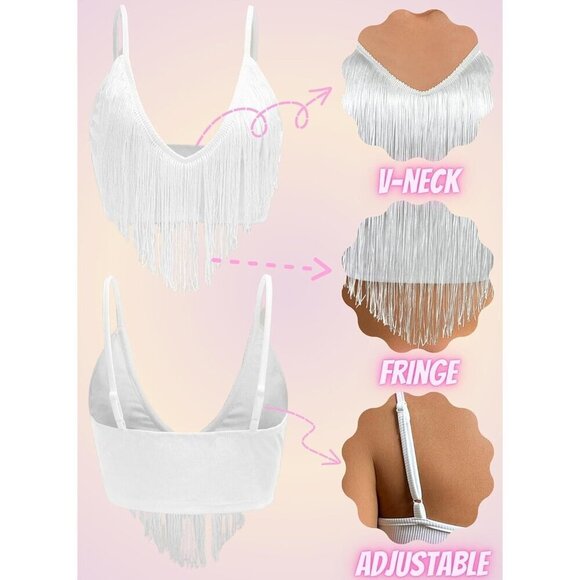 Women Tassel Tank Outfits  Festival Clothes Rave V-Neck Sleeveless Shirt - Picture 2 of 6